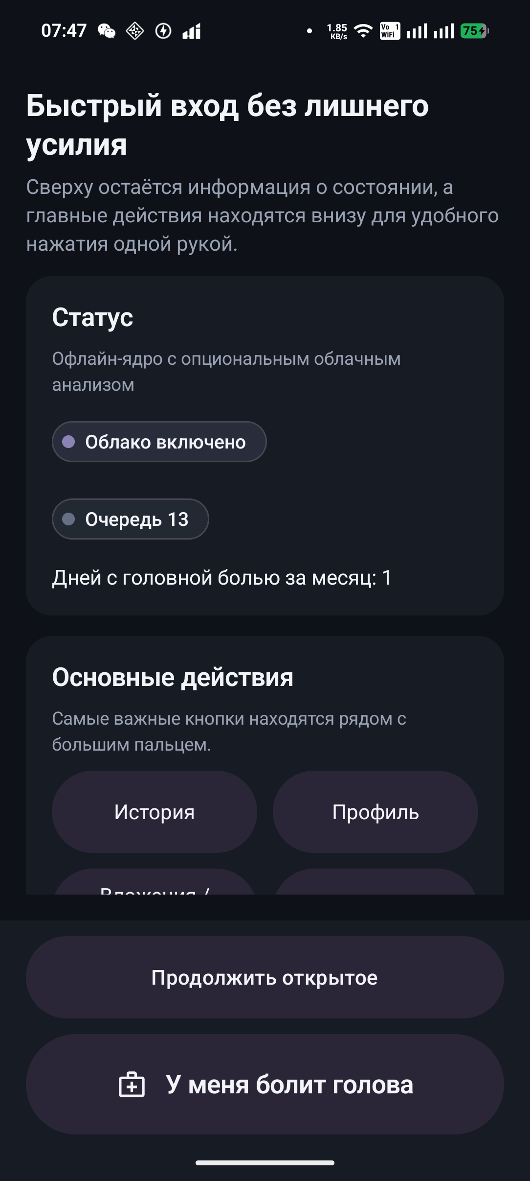 Скриншот статуса и действий HeadacheInsight